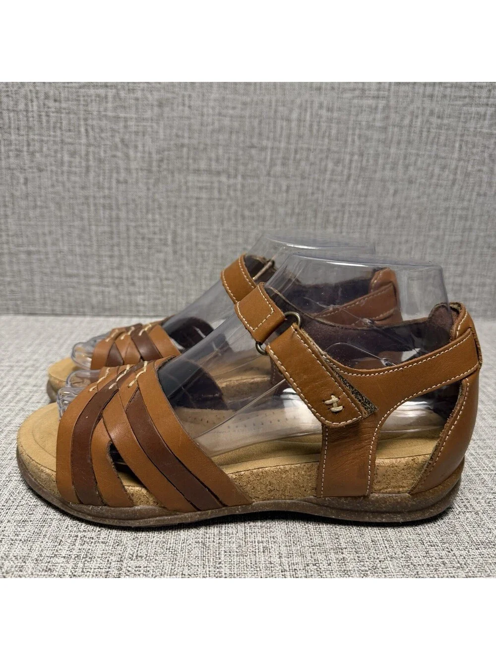 Clarks Sandals Womens Sz 6 M Brown Tan Leather Cork Strappy Wedge Roseville Cove